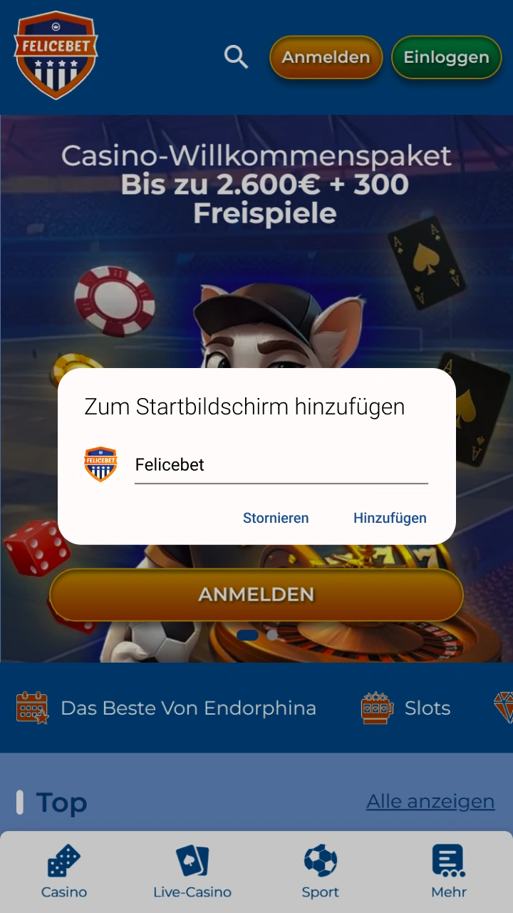 Bestätigen Sie das Hinzufügen zum Hauptbildschirm der Felicebet-Anwendung.