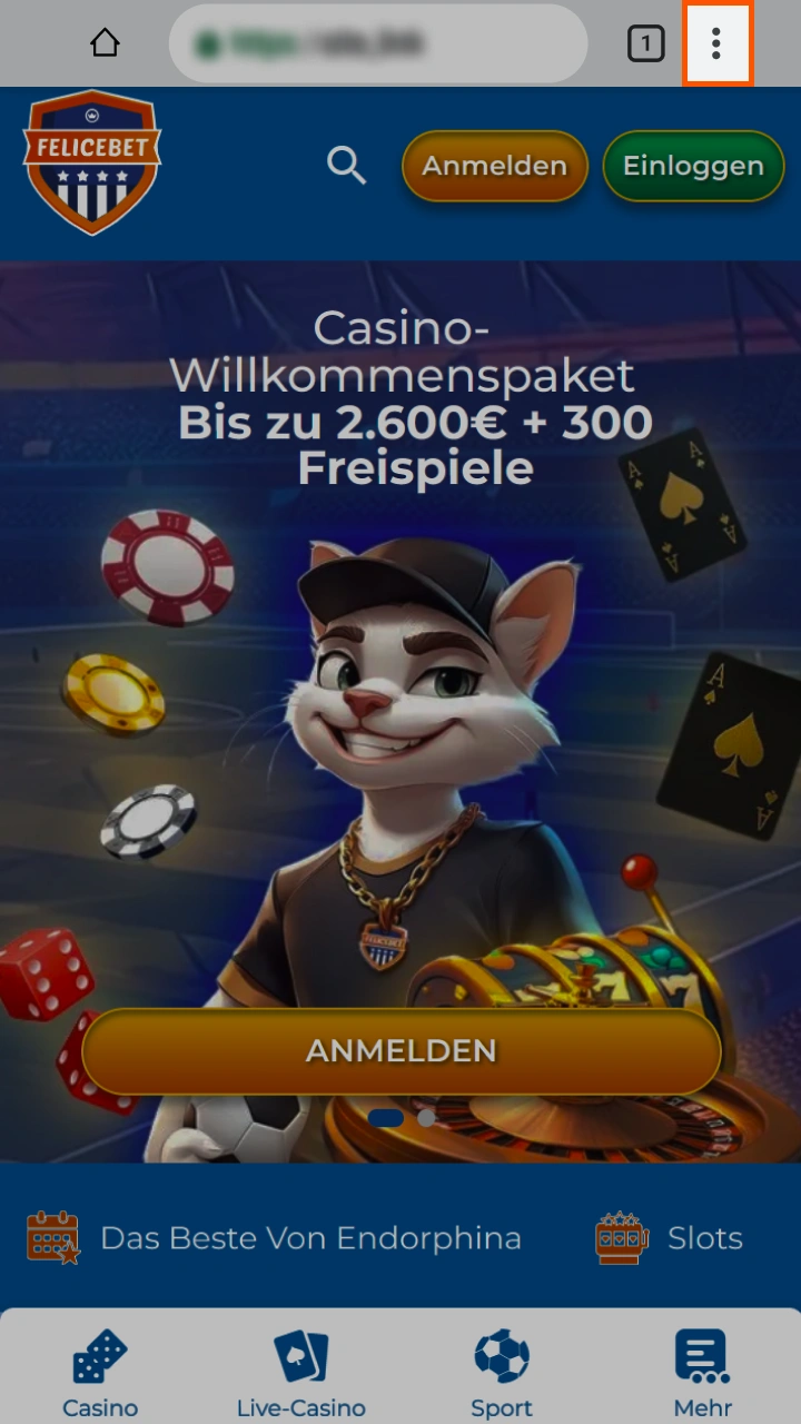 Öffnen Sie das Menü im Browser Ihres Android-Geräts und installieren Sie die Felicebet-App.