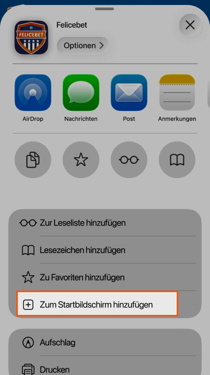 Fügen Sie das Felicebet-Symbol direkt zu Ihrem Startbildschirm hinzu, um blitzschnell darauf zugreifen zu können.