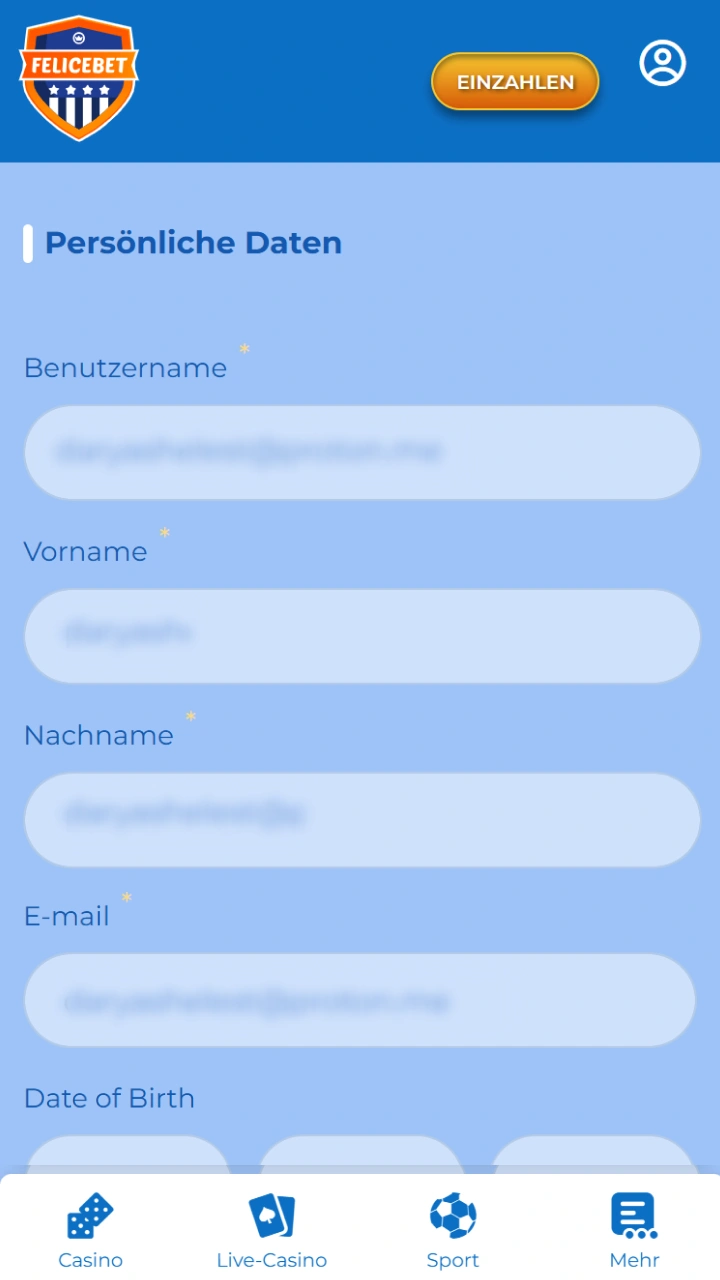 Bestätigen Sie Ihre persönlichen Daten, um maximale Sicherheit im Felicebet Casino zu gewährleisten.